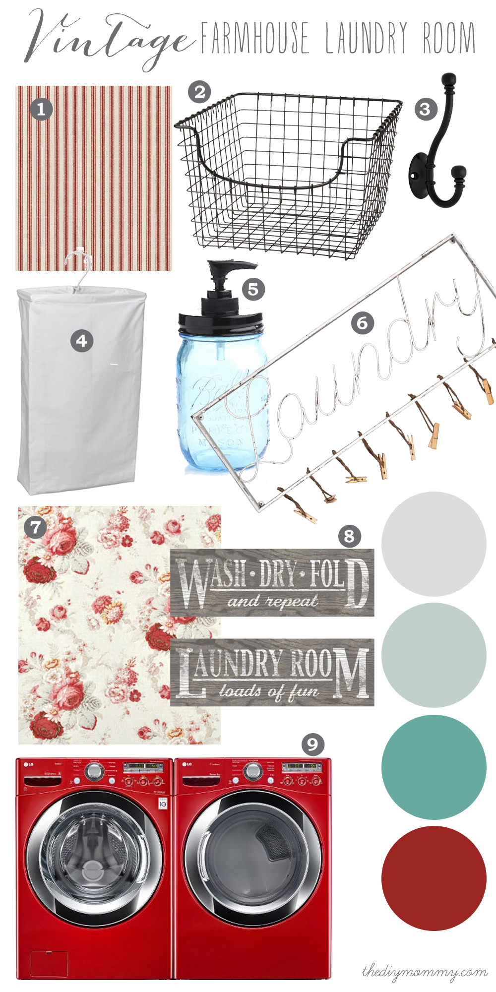 Mood Board: A Vintage Farmhouse Laundry Room in Cherry Red and Aqua